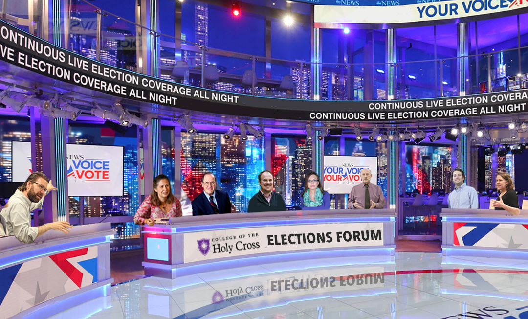 An altered photo of Holy Cross political science faculty seated in an election night newsroom