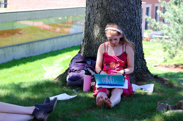 student sitting under a tree with her laptop
