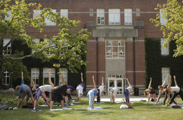 Students doing yoga outside
