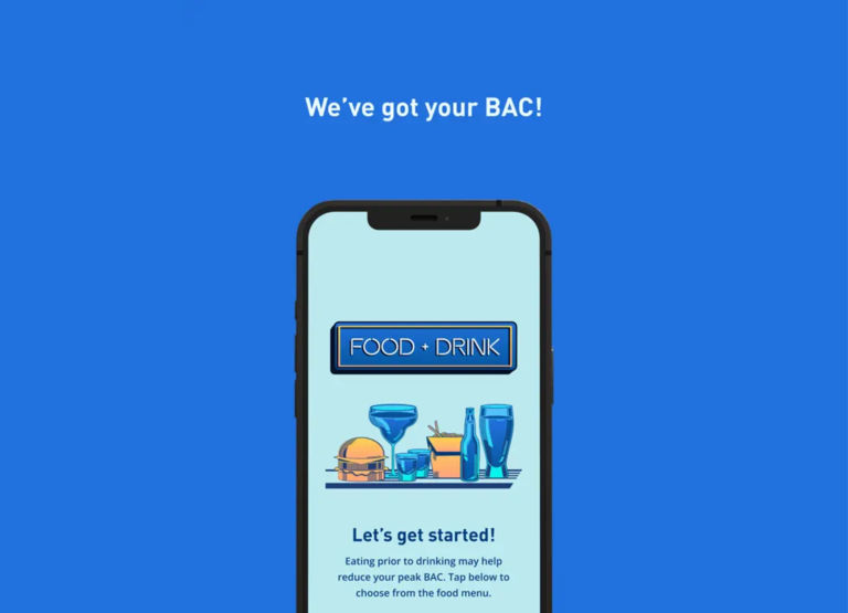 An image of an available resource related to blood alcohol levels (BAC). The image says Food + Drink and then has an image of a burger, noodles, and alcoholic drinks. Then it says "Let's get Started! Eating prior to drinking may help reduce your peak BAC. Tap below to choose from the food menu.