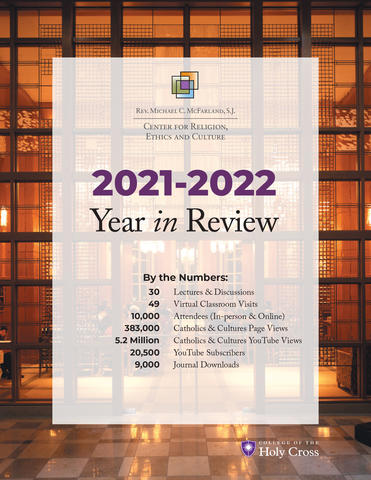 Cover of Year in Review features publication title on background image of windows looking into Rehm Library.