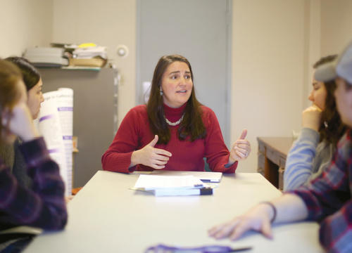 Alison Bryant Ludden, associate professor of psychology, speaks with students about her research