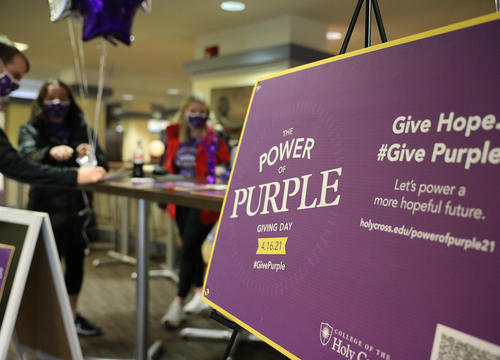 A sign in the campus center advertises the Day of Giving for 2021.