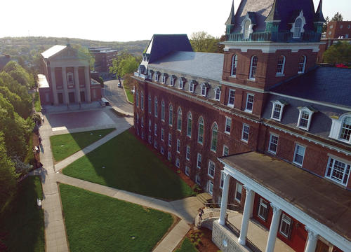 Aerial photo of Holy Cross' Fenwick Hall with St. Joseph Memorial Chapel in the background