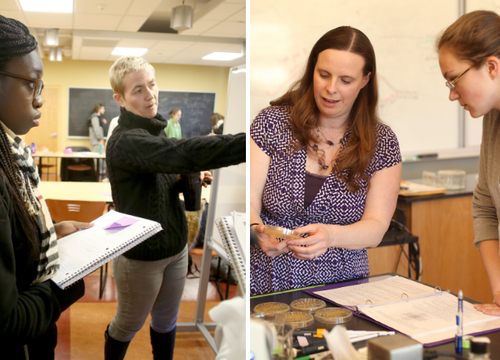 Julia Paxson teaches in a lab and Michelle Mondoux teaches in a classroom