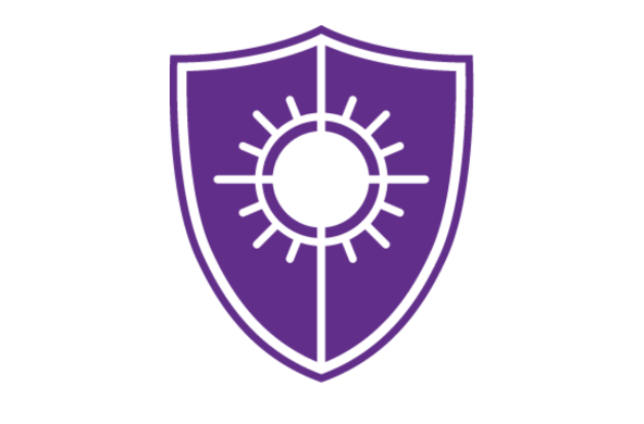 purple shield with sunburst 