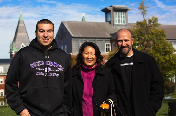 student with his parents at Family Weekend on campus