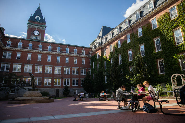 students studying in Memorial Plaza