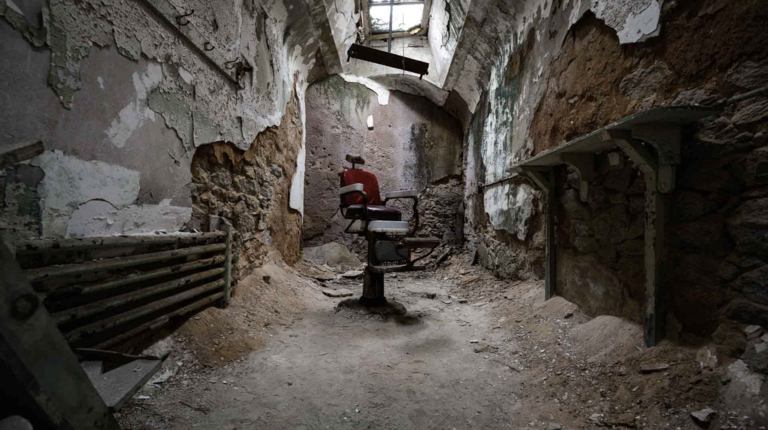 A red barber's chair sitting isolated in an abandoned building.