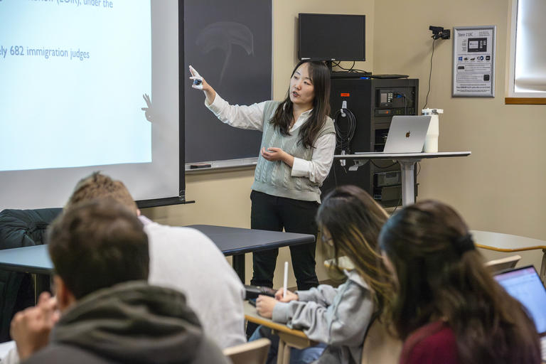 Professor Jess Lee teaching her Politics of U.S. Immigration course