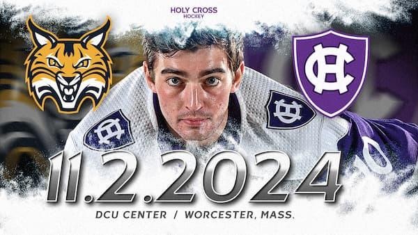 holy cross logo and quinnepiac logo with a holy cross hockey player with the date 11/2/2024