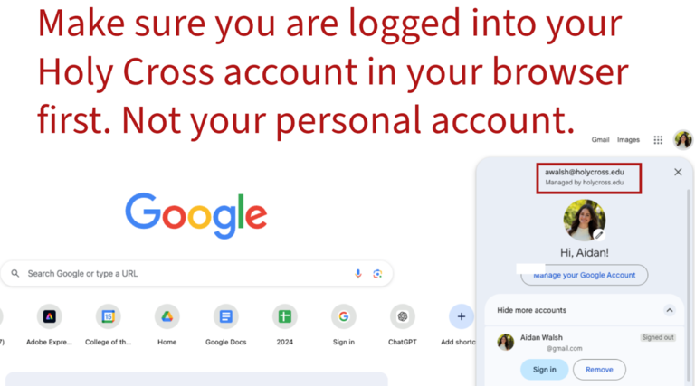 Make sure you are logged into your Holy Cross account first in your browser, not your personal account