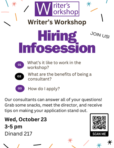 A flyer for the Writer's Workshop Hiring Infosession, included a short description and qr code.