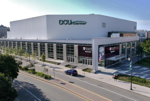 Skyview of DCU Center entrance from corner of Major Taylor Blvd. and Foster St. 