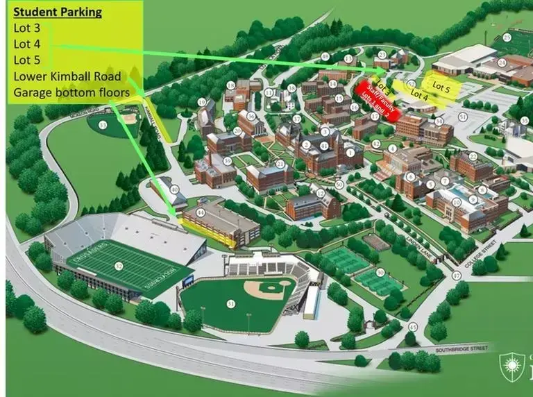 Student parking is available in the lower kimball lot, parking garage near the stadium and lots near the dorms